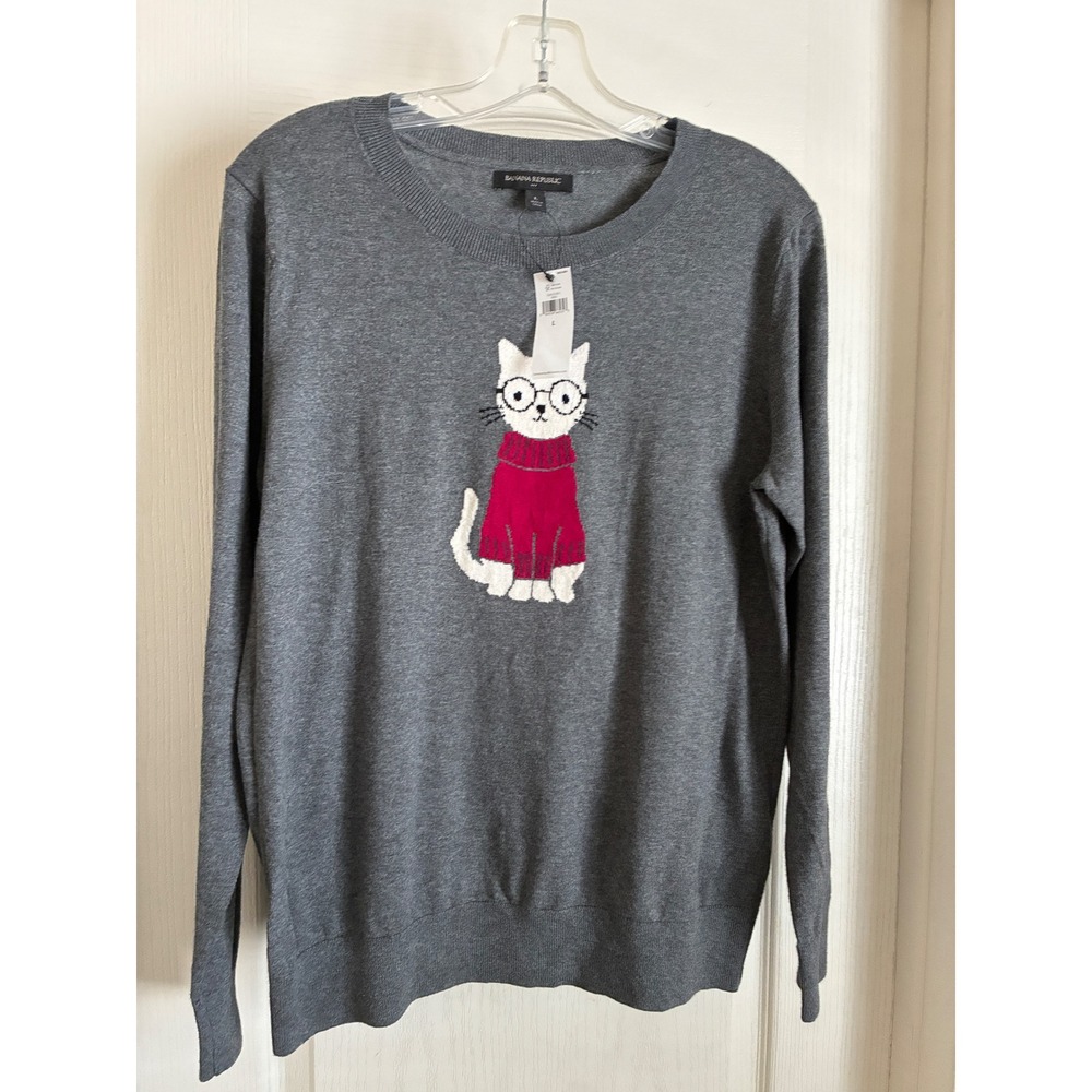 Banana Republic Womens L Gray Cat Glasses Intarsia Cotton Sweater NWT - Picture 10 of 10